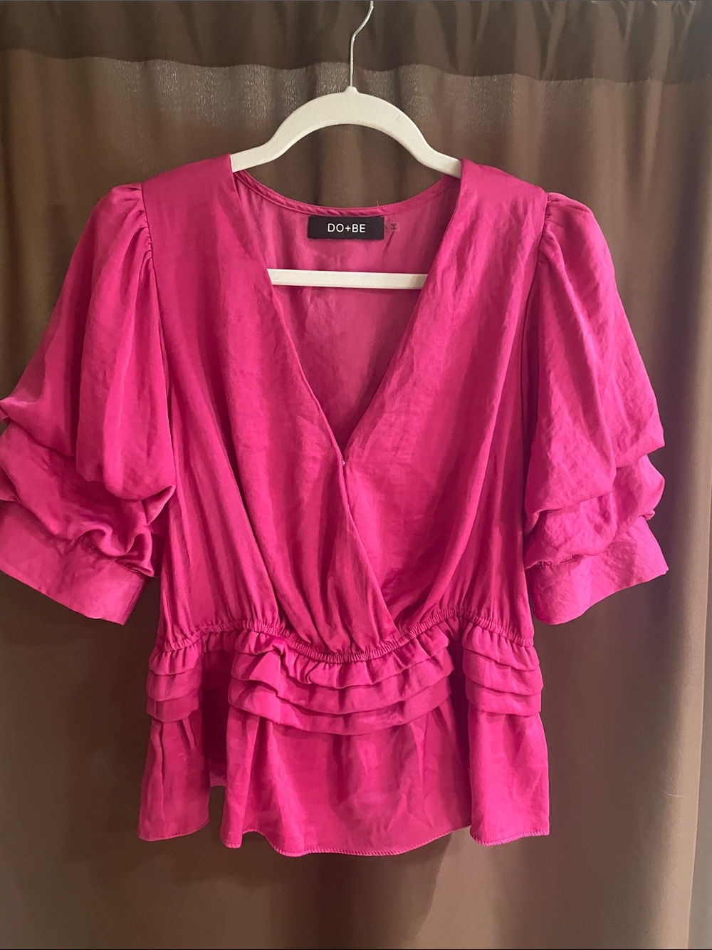 DO+BE Fuchsia Ruffle Peplum V-Neck Blouse
